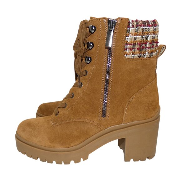 Steve Madden Jaydin Suede Lace-Up Booties Lug Sole Block Heel Tweed Collar Tan 9 - Picture 5 of 10